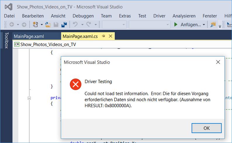 Visual Studio 2015 Fehlermeldung: Driver Testing Could not load test information